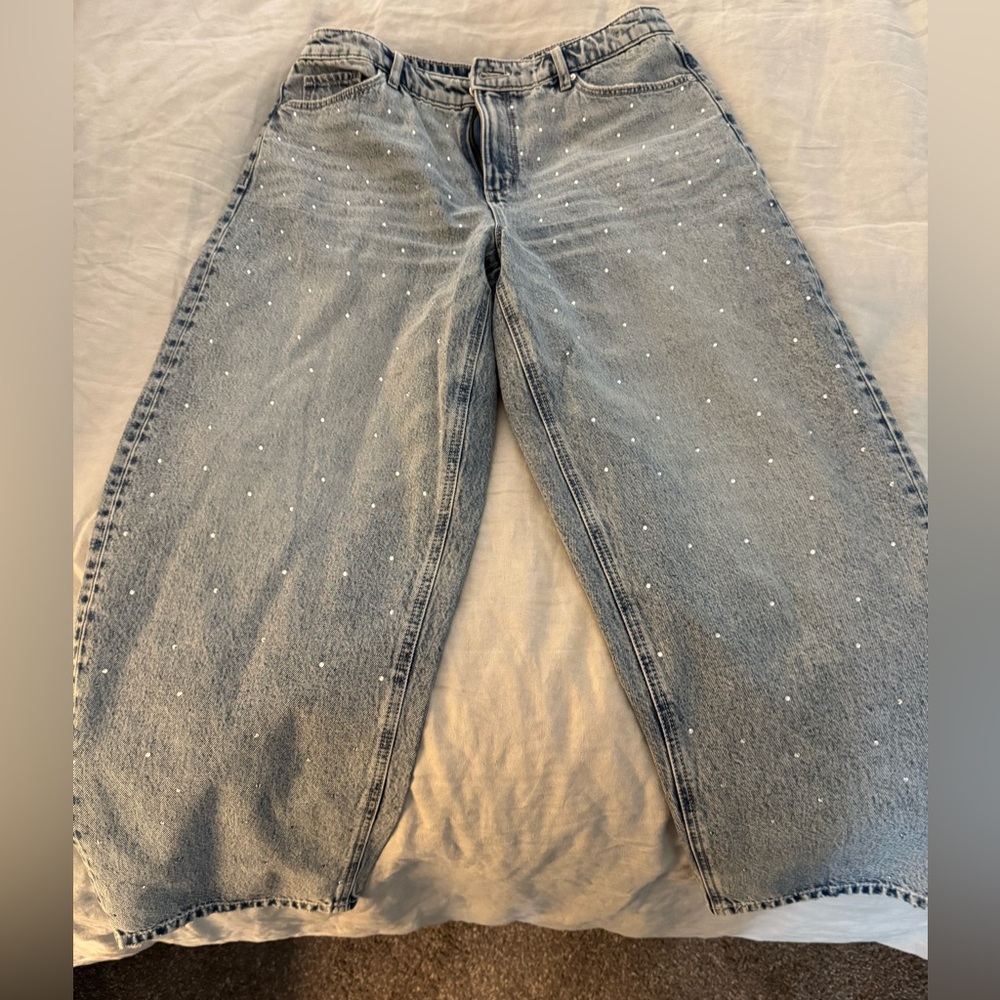 LOFT Light Blue Barrel Jeans with Sparkle Embellishment